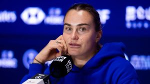 Aryna Sabalenka en conférence de presse au WTA 1000 de Pékin (Robert Prange/Getty Images)